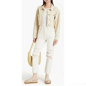 Frame Denim High Rise Distressed Off White Rips Jeans Beige Tan Luxury Casual 25